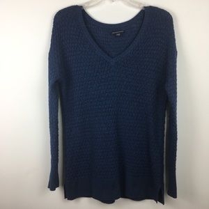 AEO Blue V Neck Sweater Sz Small Pointelle Cable Knit Cotton Blend Y2K Casual